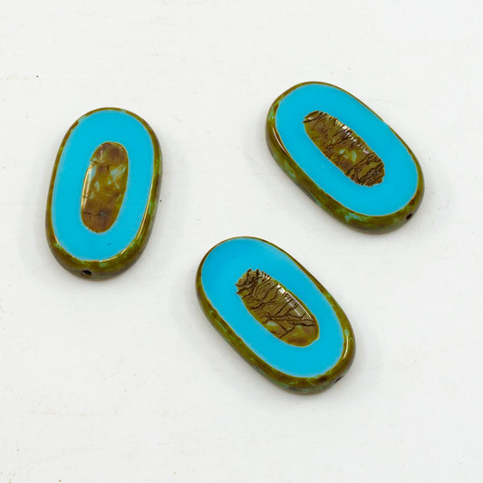 アウトレット 10グラム テーブルカットフラットオーバルビーズ、26 x 15 mm、ブルートラバーチン（63020-86800）、ガラス、チェコ共和国