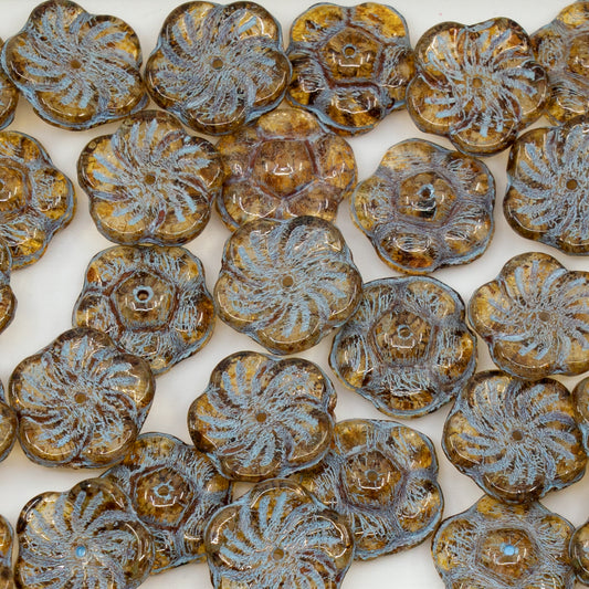 OUTLET 250g/50g Flat Flower Beads, 12 x 12 mm, Crystal Travertin Light Blue Lined (00030-86800-54308), Glass, Czech Republic