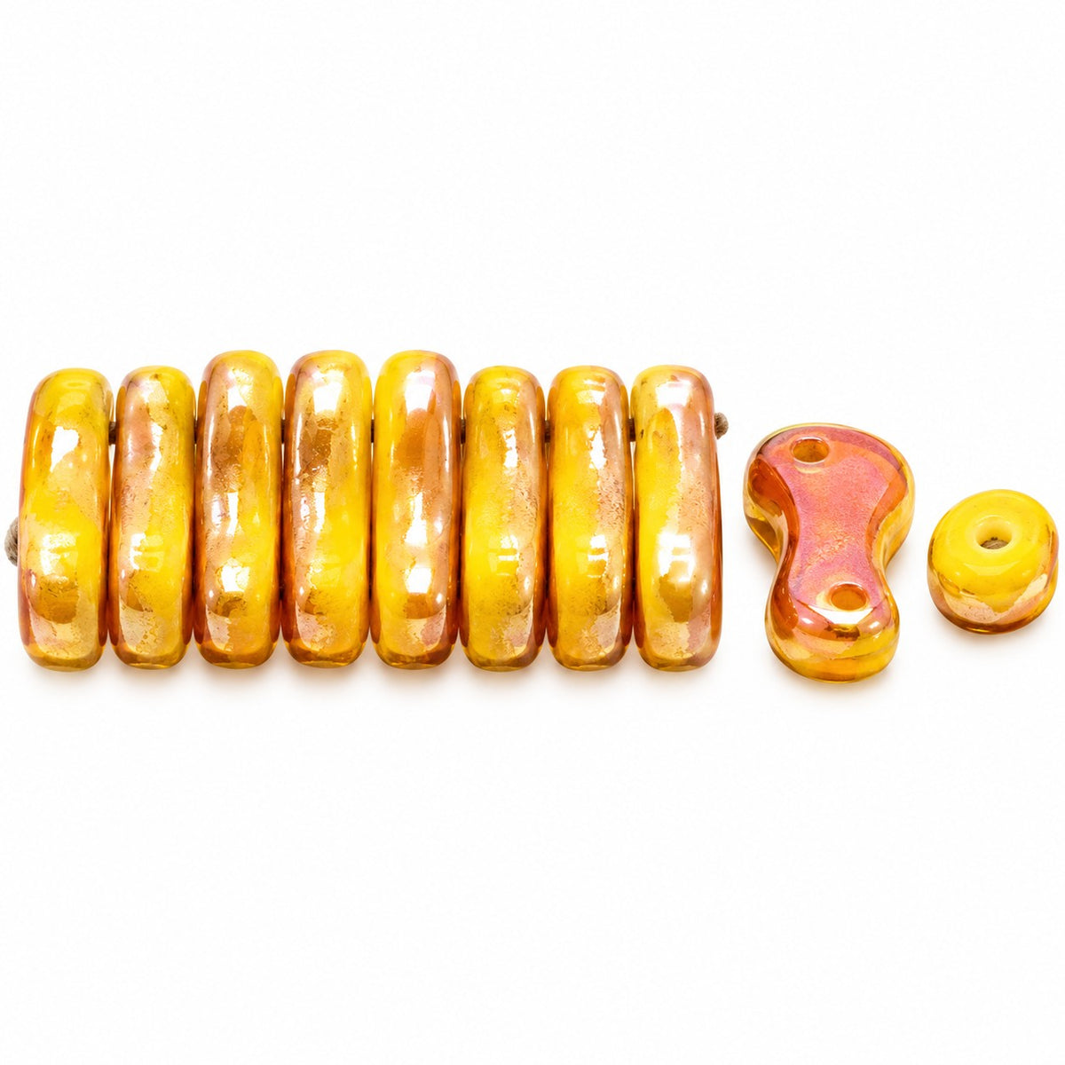 2-Hole Pressed Beads, Yellow Apricot Coatings (83120-29121), Glass, Czech Republic