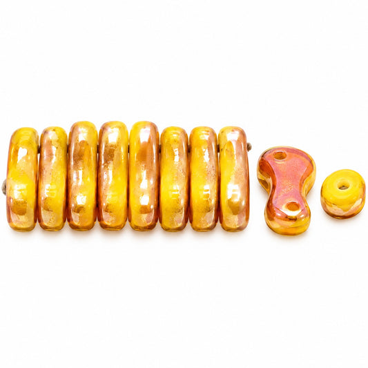 2-Hole Pressed Beads, Yellow Apricot Coatings (83120-29121), Glass, Czech Republic