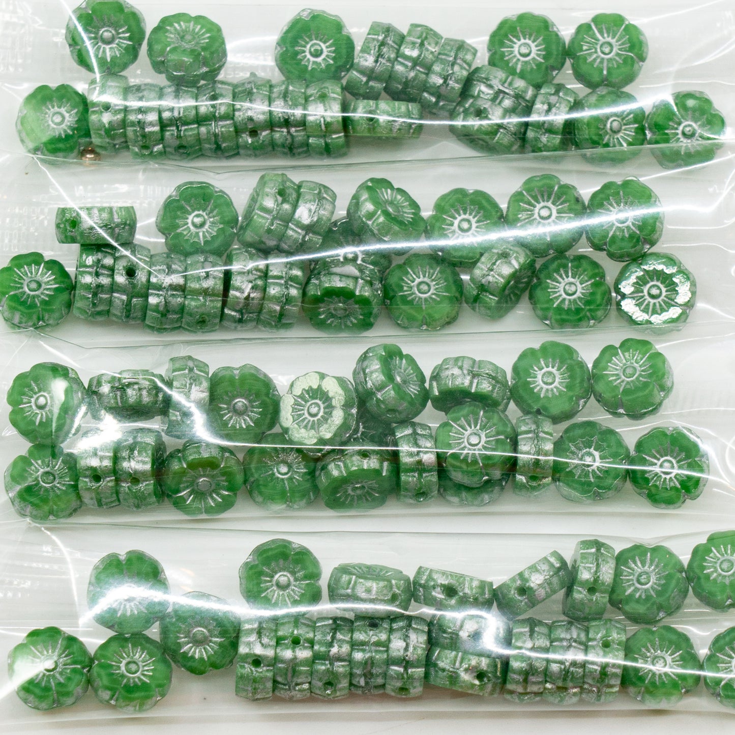 OUTLET 10 grams Table Cut Hawaii Flower Beads, 8 x 8 mm, Mixed Emerald Crystal Silver Splash (56100-86700), Glass, Czech Republic