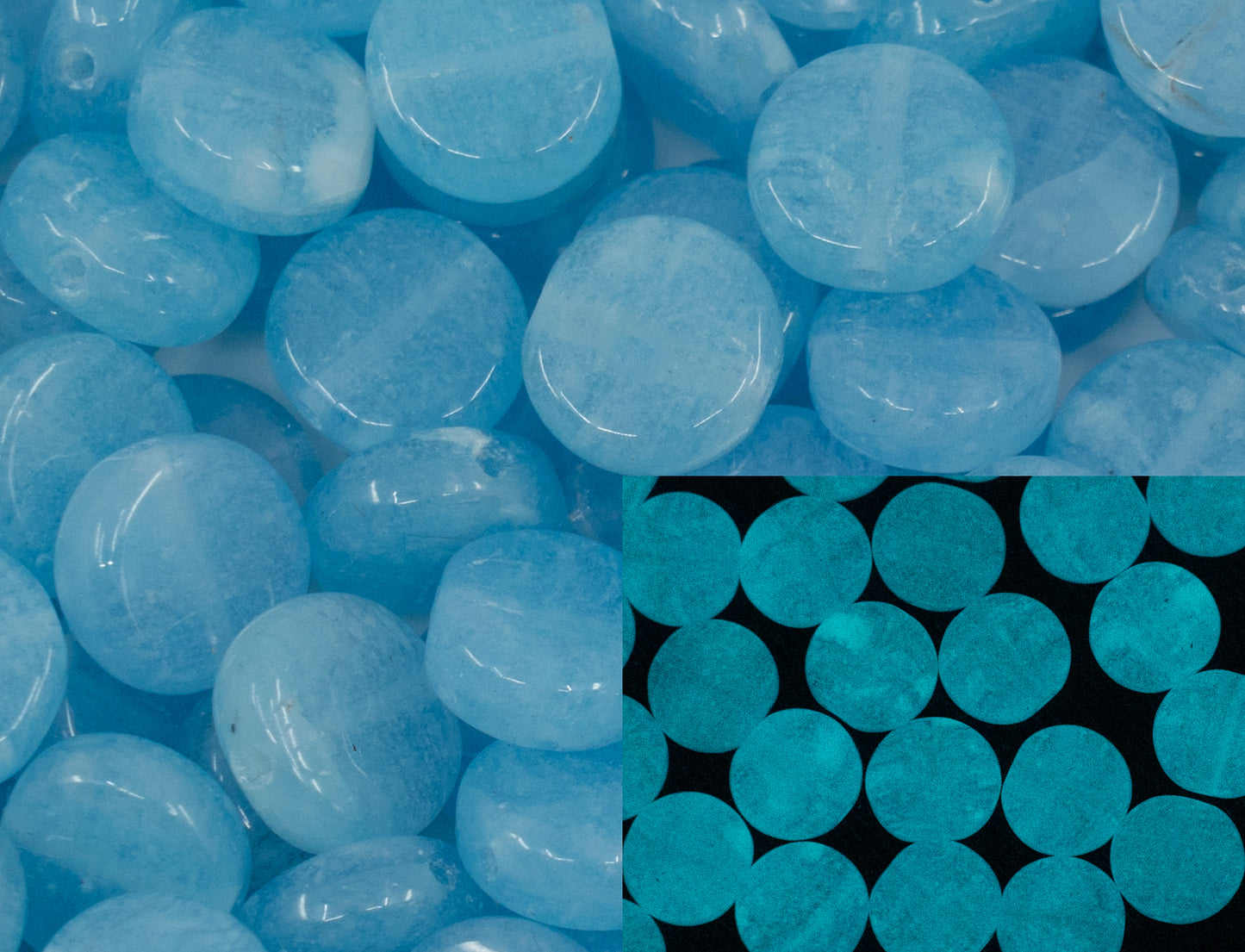 OUTLET 10 grams Pressed Flat Coin Beads, 8 x 8 mm, Blue Glow (BLUE-glow), Glass, Czech Republic