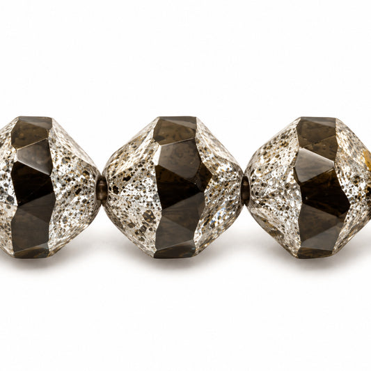 Special Cut Faceted Fire Polished Beads. Smashed, X3025 Antique Silver Patina (x3025-81002), Glass, Czech Republic