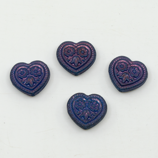 OUTLET 10 grams Heart With Folklore Flowers Beads, 17 x 17 mm, Opaque Blue Purple (33050-15726), Glass, Czech Republic