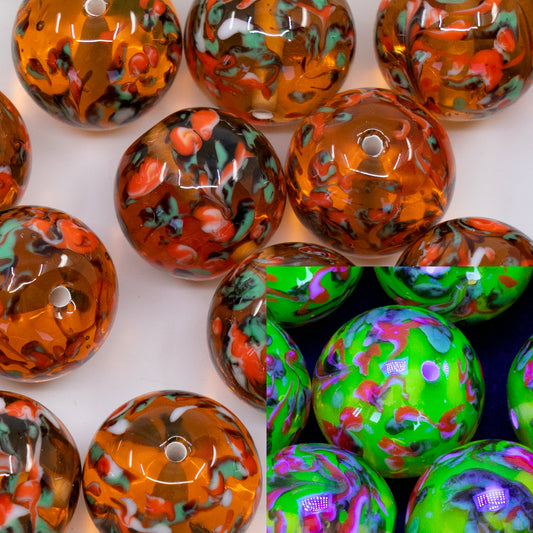 OUTLET 1 pcs Lampwork Round Beads, 16 x 16 mm, Pink Uranium Red Splash (7099-red-splash), Glass, Czech Republic