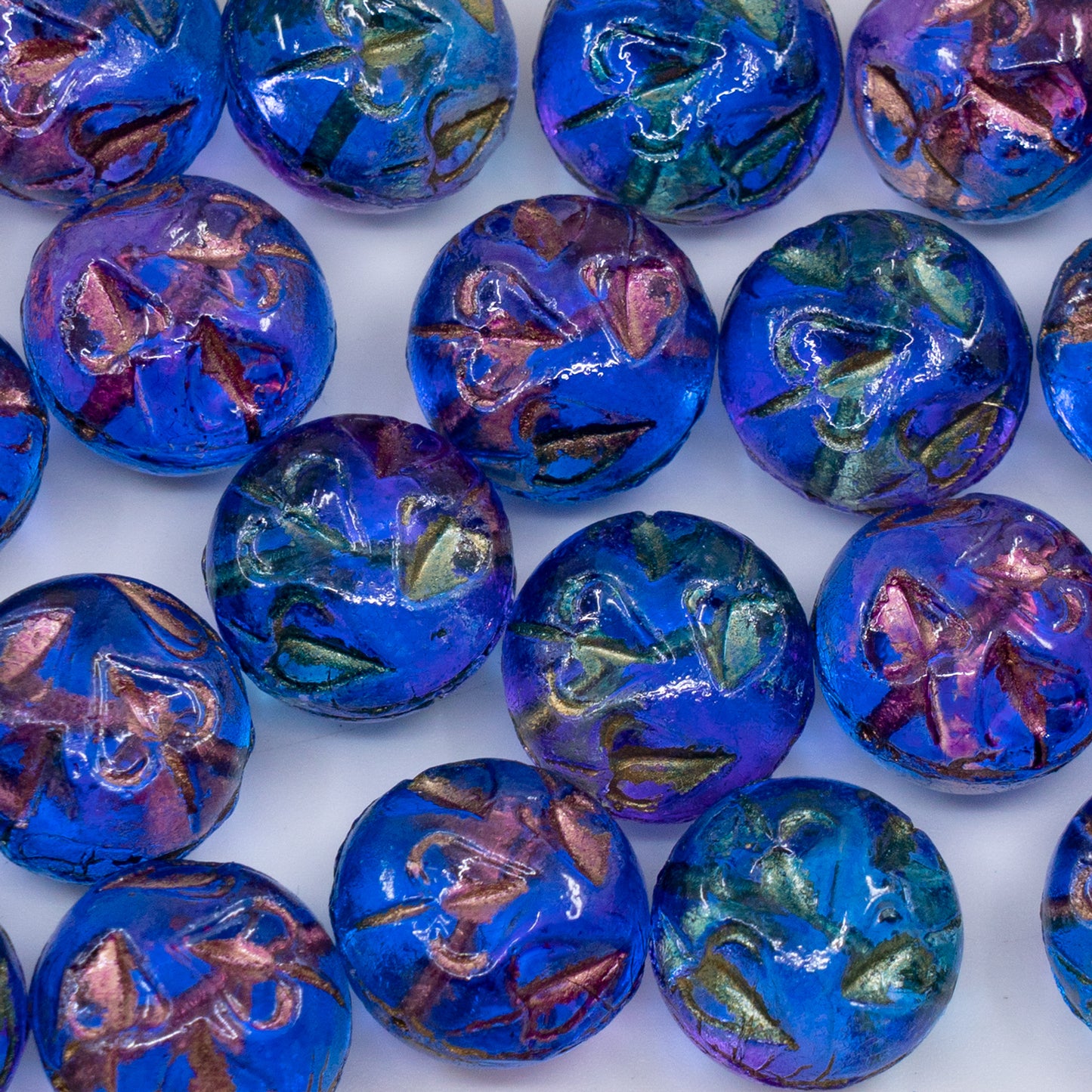 OUTLET 250g/50g Round With Leaves Beads, 13 x 13 mm, Crystal Gold Lined Blue Violet (00030-54302-48002), Glass, Czech Republic