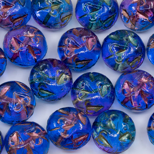 OUTLET 250g/50g Round With Leaves Beads, 13 x 13 mm, Crystal Gold Lined Blue Violet (00030-54302-48002), Glass, Czech Republic