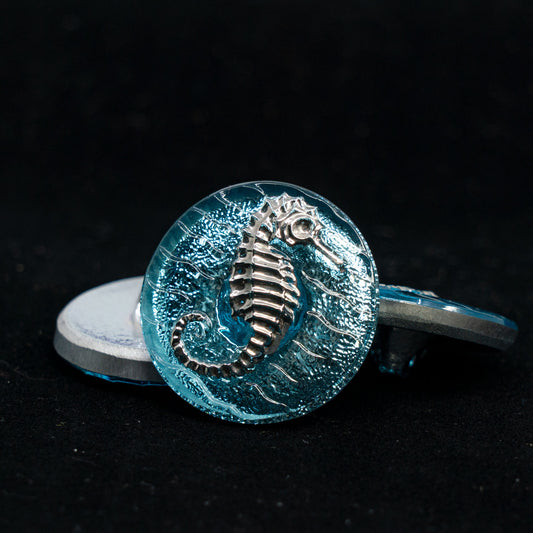 OUTLET 1pc Czech Glass Handmade Button, Size 10 (22.5 mm), Animal Design - Blue Seahorse