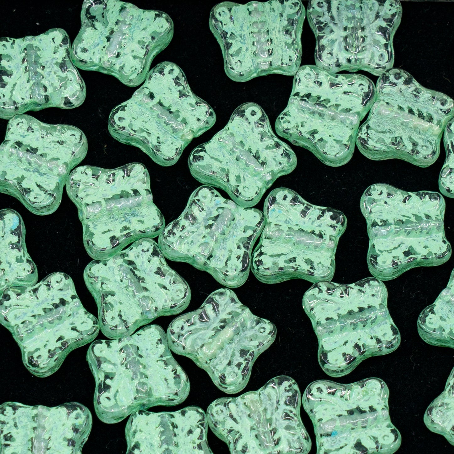 OUTLET 250 grams Pressed Beads Butterflies, 12 x 12 mm, Crystal Green Lined (00030-54322), Glass, Czech Republic