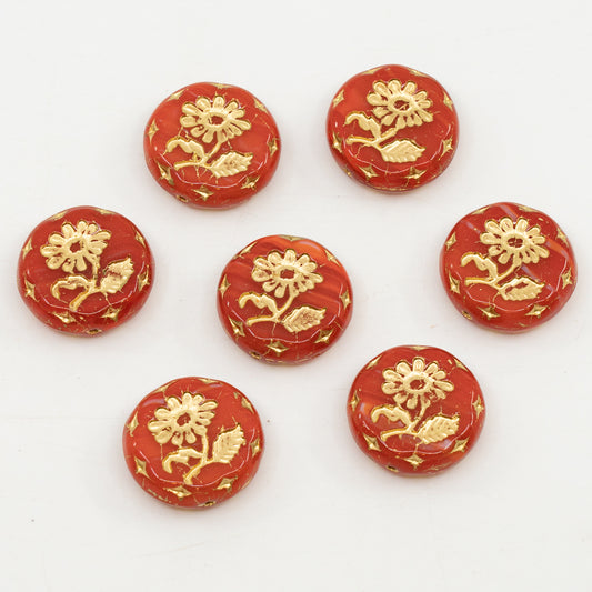 OUTLET 10 grams Round Flat With Flower Marguerite Pressed Glass Beads, 18 x 18 mm, Mixed Red Gold Lined (96020-54202), Glass, Czech Republic