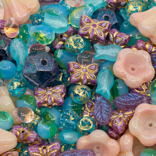 LIMITED Mix of Czech Glass Beads, Hand Made Set Kit, Pink Bell Beads Purple English Cut