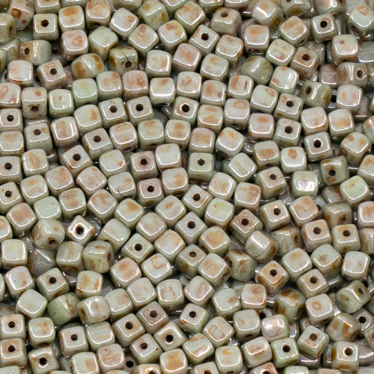 OUTLET 250g Cube Beads, 4 x 4 mm, White Stain With Luster Green (02010-65455), Glass, Czech Republic