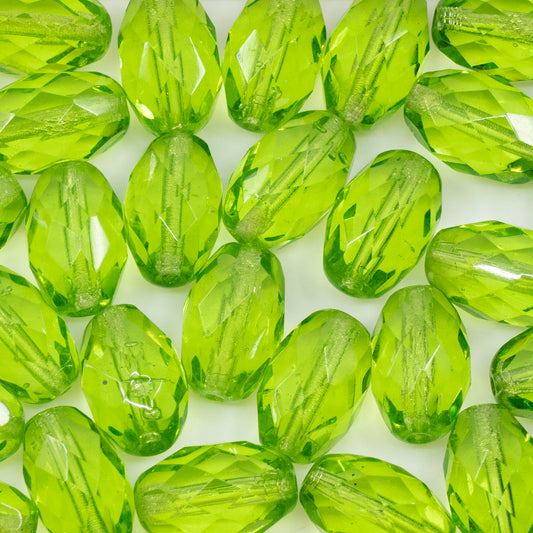 アウトレット 10グラム オーバルファセットビーズ、15 x 10 mm、透明グリーン（50400）、ガラス、チェコ共和国