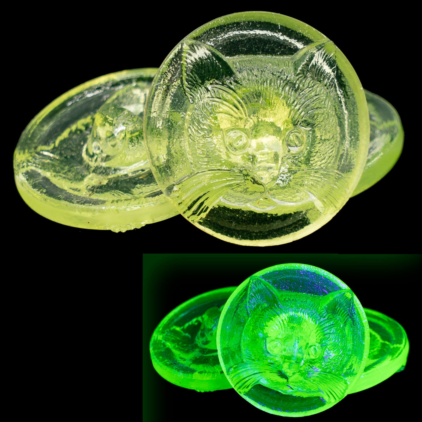 OUTLET 1pc Czech Uranium Glass Handmade Button, Size 12 (27 mm), Animal Design - Yellow 80130 Cat