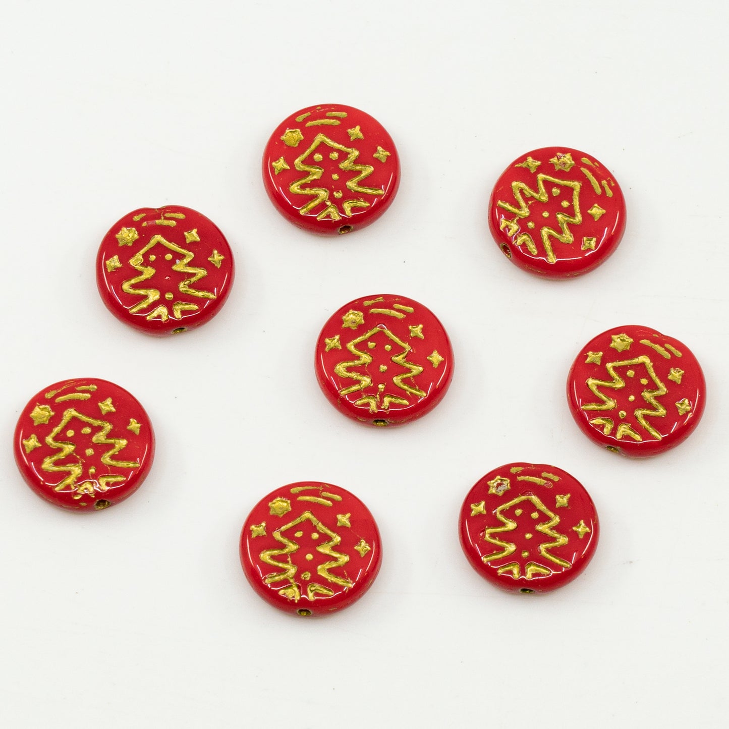 奥特莱斯 10克圣诞树硬币珠，14 x 14毫米，不透明红金内衬 (93200-54202)，玻璃，捷克共和国