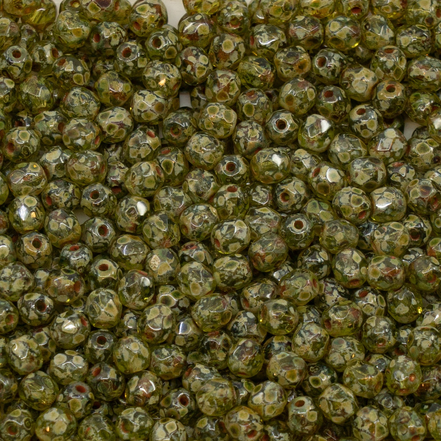 アウトレット（125g/250g）ファセットラウンドファイアポリッシュビーズ、透明グリーントラバーチン（50230-86800）、ガラス、チェコ共和国