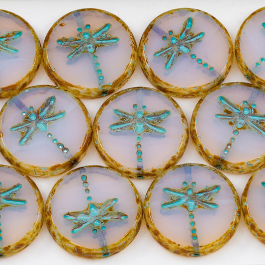 OUTLET 10 grams Table Cut Dragonfly Beads, 17 x 17 mm, Opal White Travertin Light Blue Lined (01000-86800-54308), Glass, Czech Republic