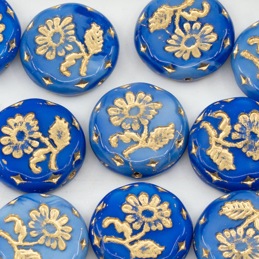 奥特莱斯 10克圆形扁平玛格丽特花压制玻璃珠，18 x 18毫米，蓝白混合金衬里 (37005-54202)，玻璃，捷克共和国