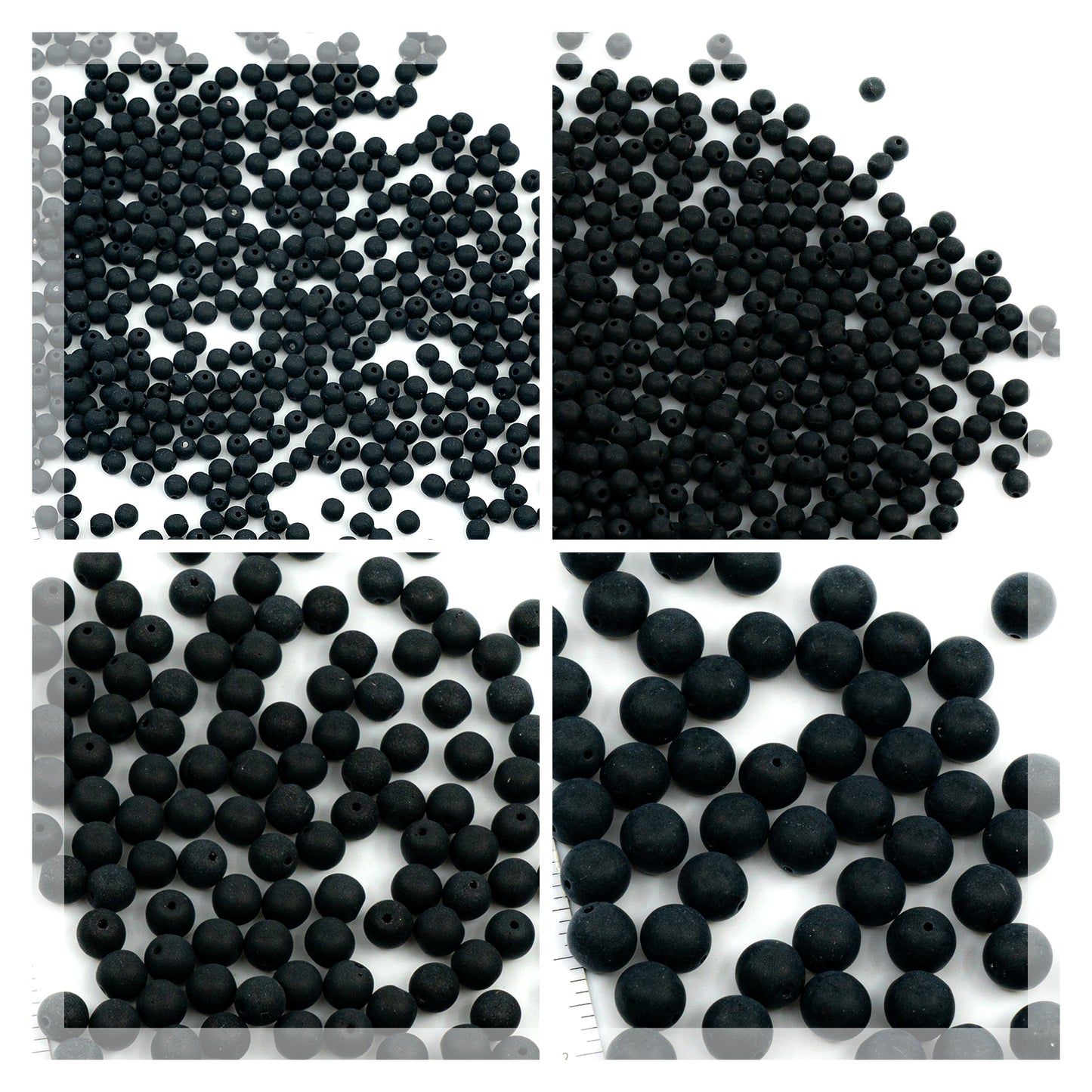 Set of Czech Round Glass Beads, Jet Black MATTED - 3mm (100pcs), 4mm (100pcs), 6mm (50pcs), 8mm (25pcs) kit for jewelry making, Glass, Czech Republic