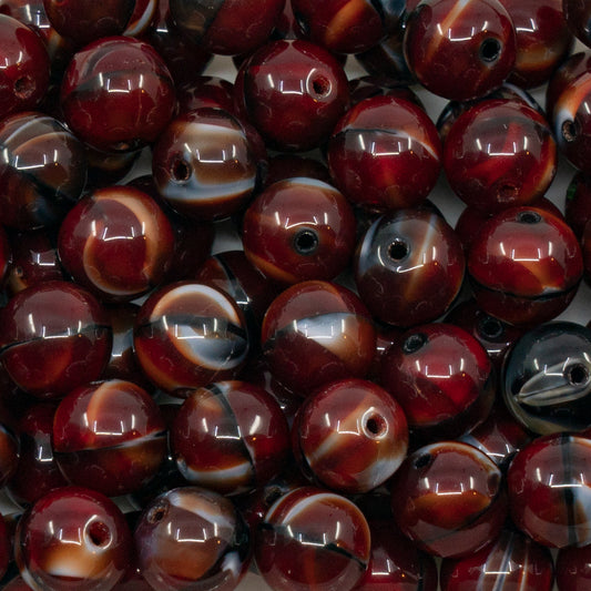 アウトレット 250g/50g ラウンドドラックビーズ、10 x 10 mm、ストライプダークレッド (26907)、ガラス、チェコ共和国