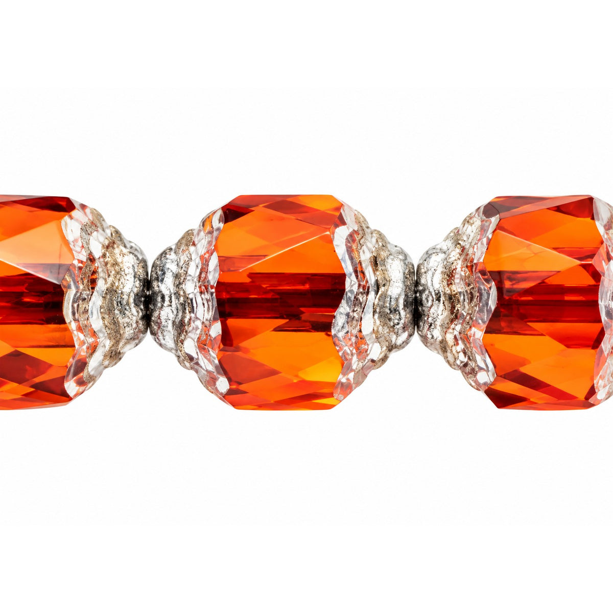 Special Cut Faceted Fire Polished Beads, Transparent Orange Antique Silver Patina (90030-81002), Glass, Czech Republic