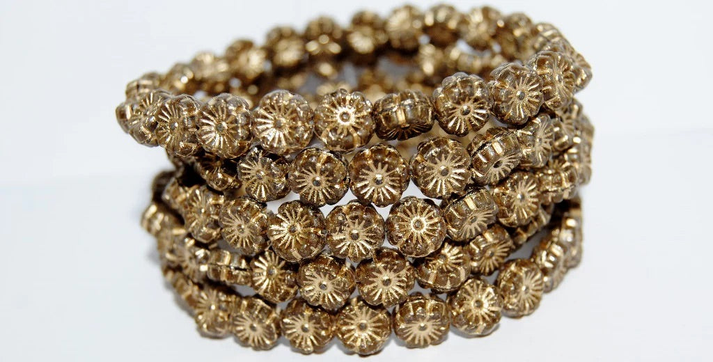 OUTLET 150 pcs Hawaiian Flower Beads, 8 x 8 mm, Mix Brown Crystal Gold Lined (16617-54202), Glass, Czech Republic