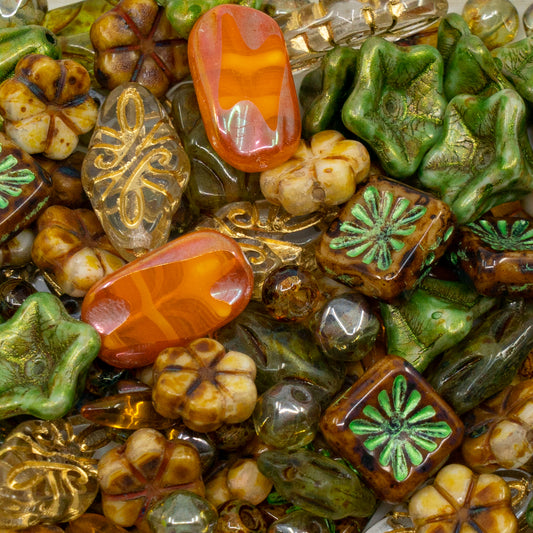 LIMITED Mix of Czech Glass Beads, Hand Made Set Kit, Green Petunia Beads Orange Table Cut Beads