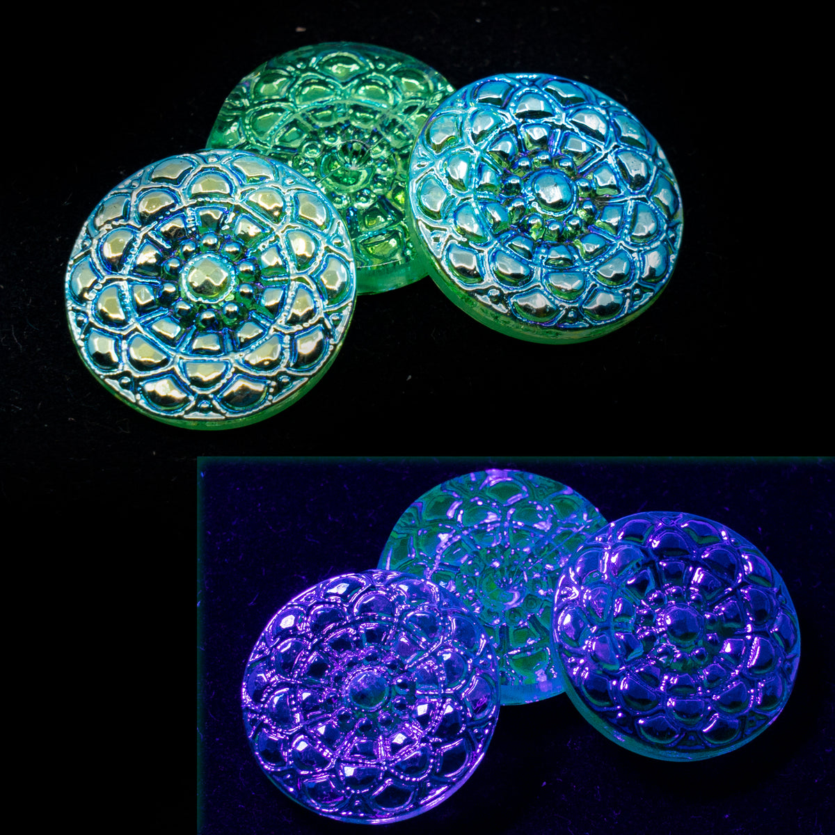 OUTLET 1 pcs Czech Glass Handmade Cabochon, s8, Transparent Green Mandala AB, Glass, Czech Republic