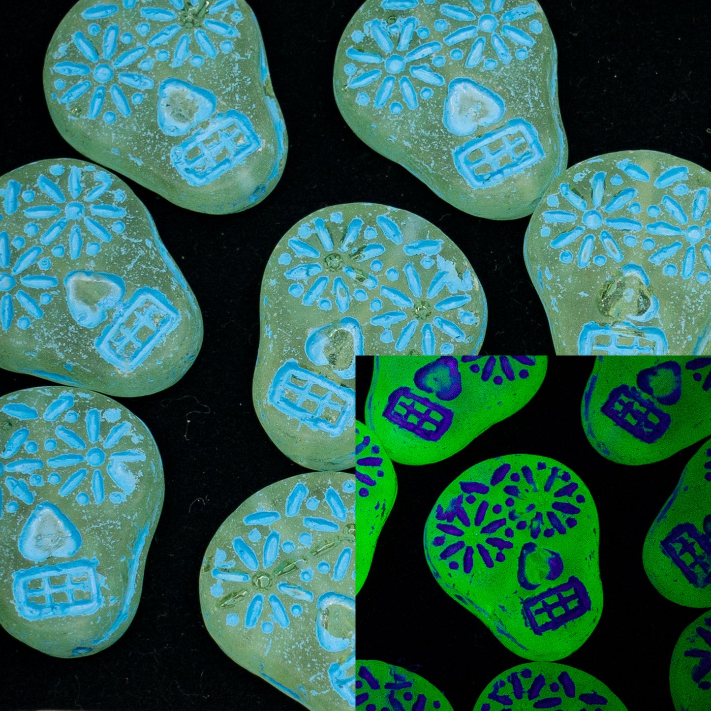 OUTLET 10g Sugar Skull Beads, 20 x 16 mm, Transparent Yellow Matte Light Blue Lined (80130-84100-54308), Glass, Czech Republic