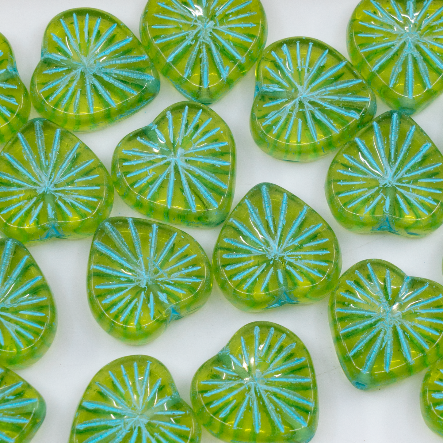 OUTLET 250g/50g Kiwi Heart Beads, 14 x 14 mm, Transparent Green Light Blue Lined (50210-54308), Glass, Czech Republic