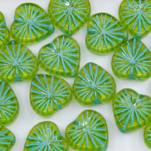 OUTLET 250g/50g Kiwi Heart Beads, 14 x 14 mm, Transparent Green Light Blue Lined (50210-54308), Glass, Czech Republic
