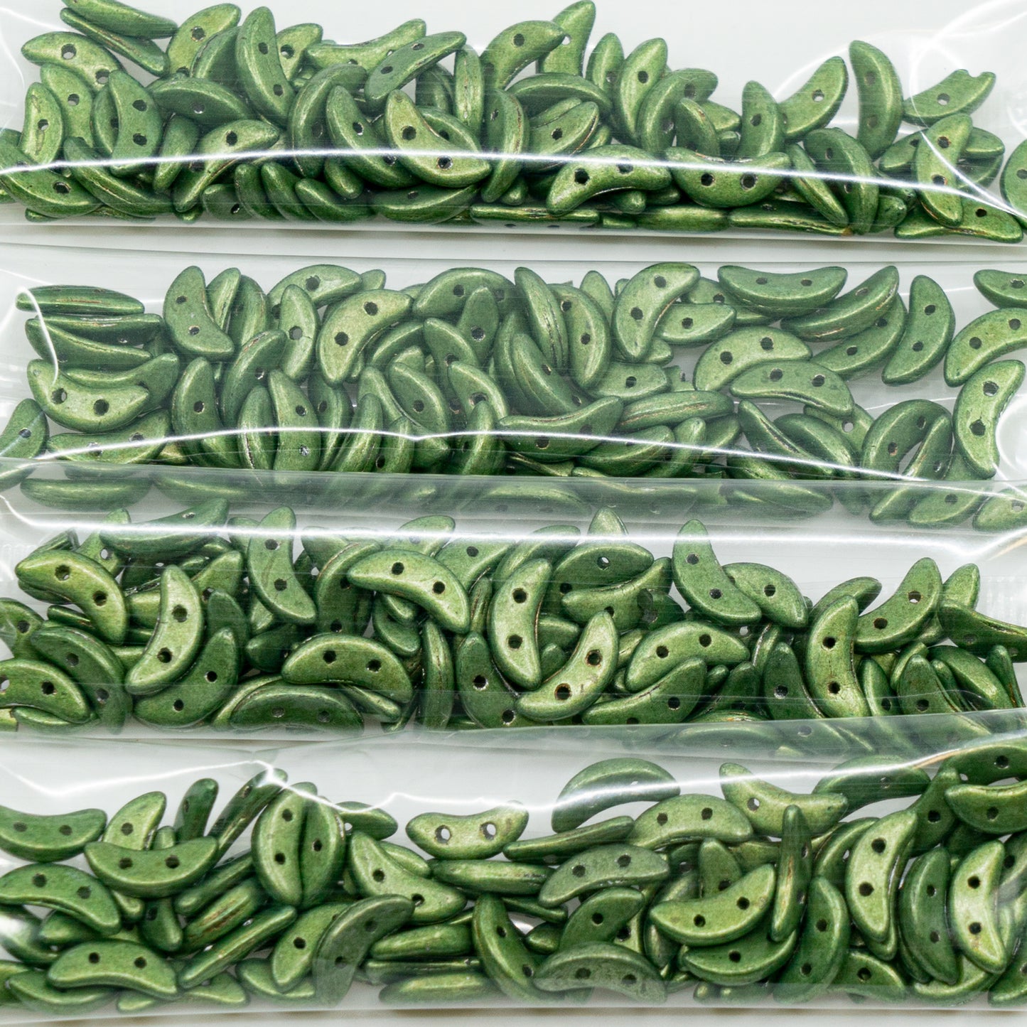 OUTLET 10 grams Crescent 2-Hole Moon Shape Beads, 3 x 10 mm, Green (green), Glass, Czech Republic