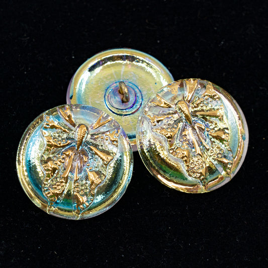 OUTLET 1 pcs Czech Glass Handmade Button, s10 x 22 mm, Butterfly Ab Gold 1 (butterfly-AB-gold-1), Glass, Czech Republic