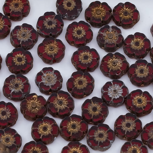 OUTLET 250g/50g Table Cut Hawaii Flower Beads, 8 x 8 mm, Transparent Red Matte Bronze (90090-84100-14415), Glass, Czech Republic