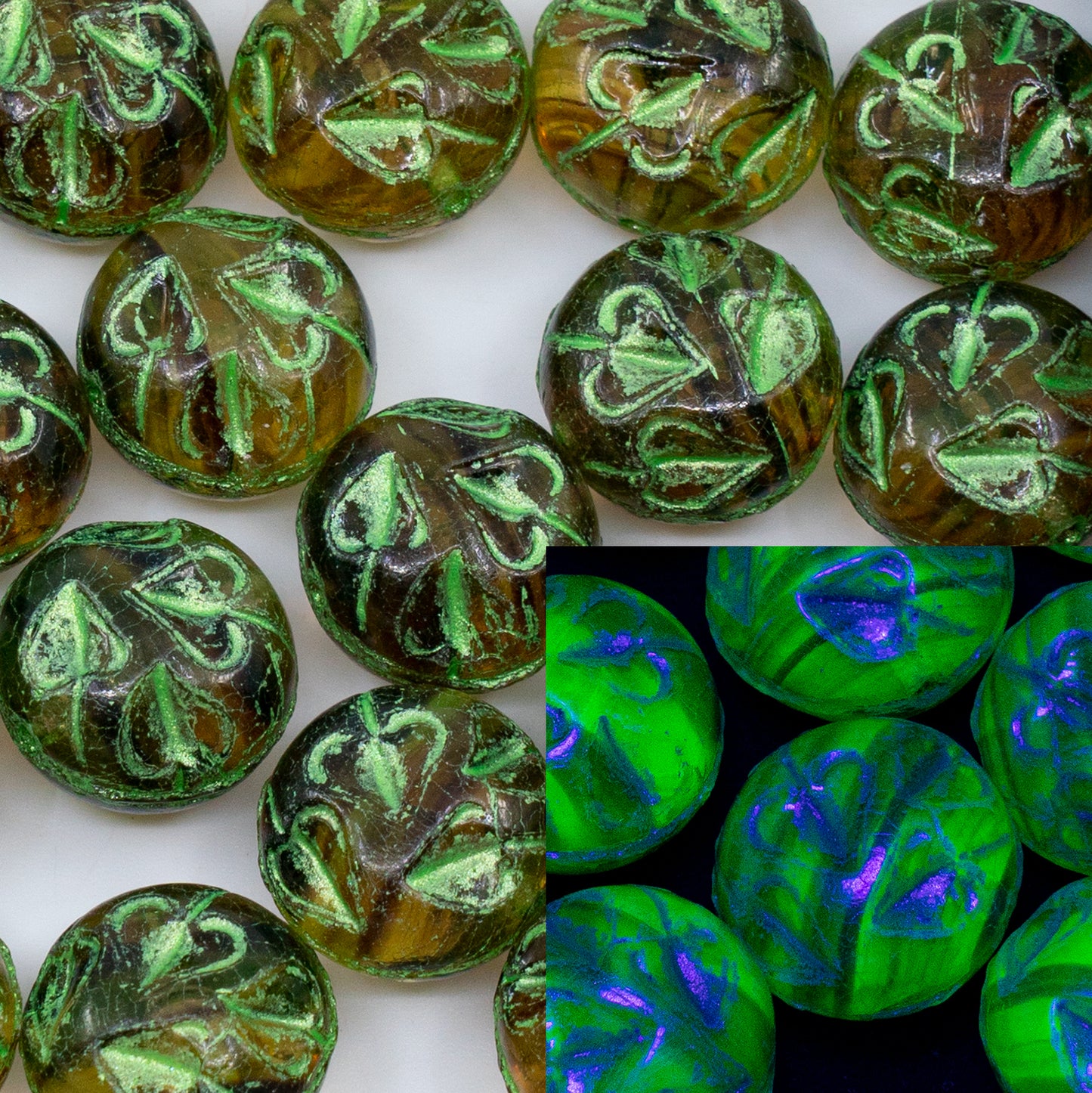 OUTLET 10 grams Pressed Beads, 13 x 13 mm, Mix Yellow Brown Uranium Green (27801-43813), Glass, Czech Republic