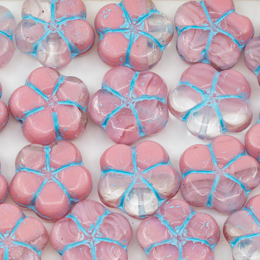 OUTLET 10克 五瓣花压花珠，16 x 16毫米，不透明粉色浅蓝色内衬 (76018-54308)，玻璃，捷克共和国