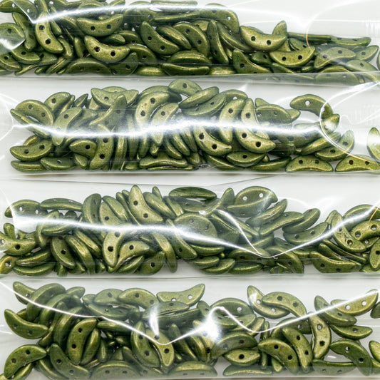 OUTLET 10 grams Crescent 2-Hole Moon Shape Beads, 3 x 10 mm, Green Gold (green-gold), Glass, Czech Republic