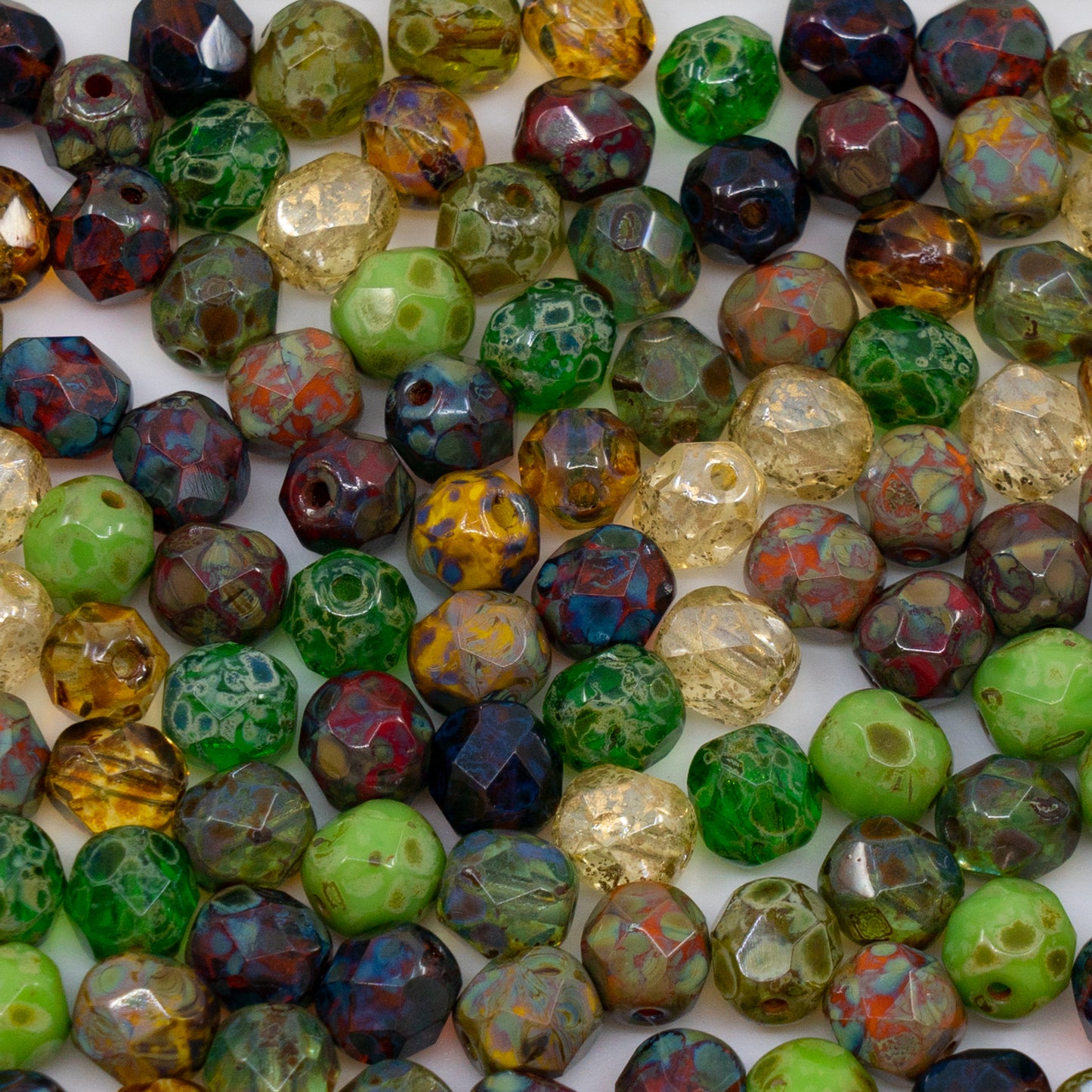 OUTLET 250g/50g Faceted Round Fire Polished Beads, 6 x 6 mm, Travertin Mixed Colors (travertin-mix), Glass, Czech Republic
