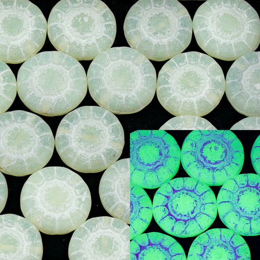 OUTLET 10 grams Pressed Flat Sunflower Beads, 13 x 13 mm, Yellow Opal Matte White Lined, Glass, Czech Republic