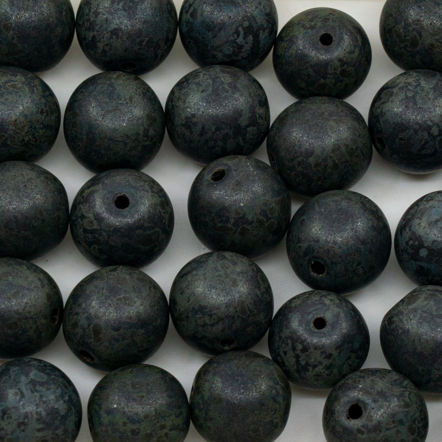 OUTLET 250g Round Druck Beads, 12 x 12 mm, Black Matte Travertin (23980-84100-86800), Glass, Czech Republic