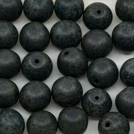 OUTLET 250g Round Druck Beads, 12 x 12 mm, Black Matte Travertin (23980-84100-86800), Glass, Czech Republic