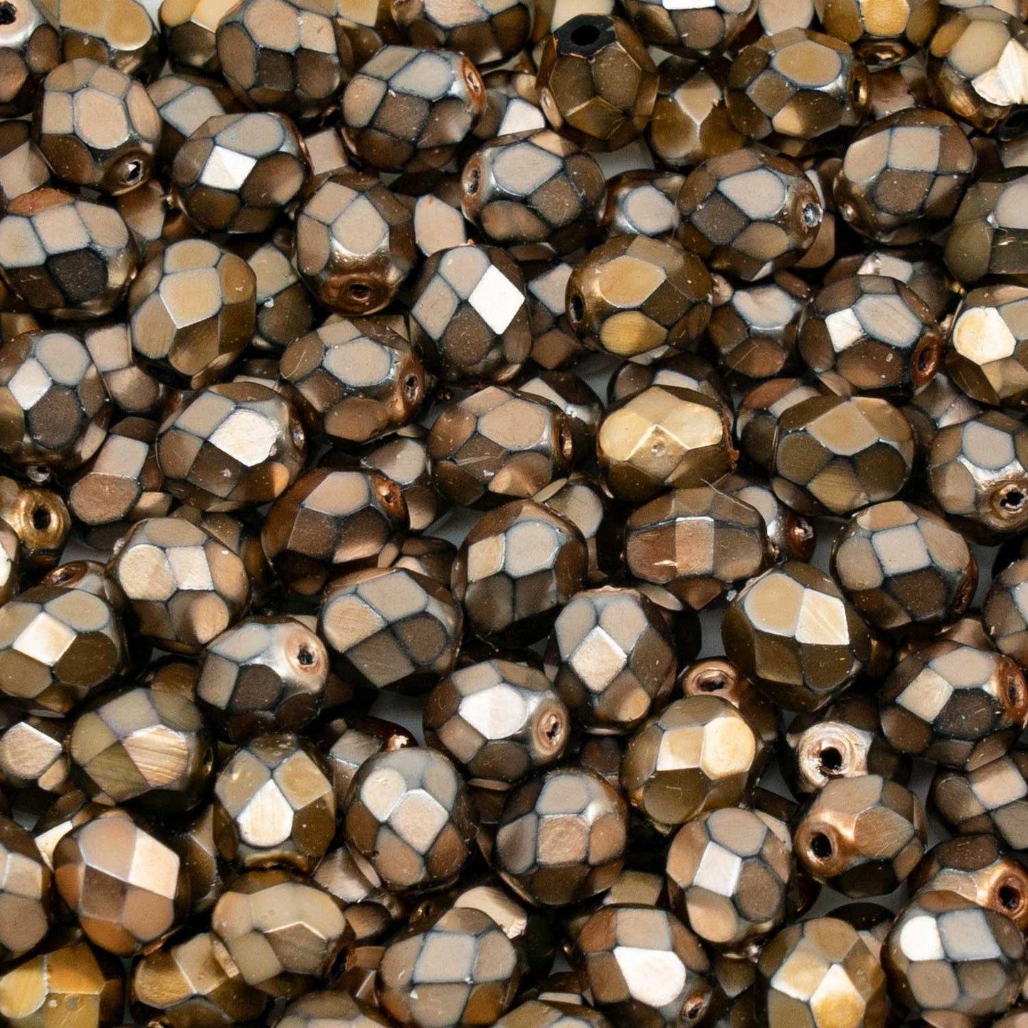 アウトレット ファセットラウンドファイアポリッシュビーズ、6 x 6 mm、ブラックメタリックペールゴールド（23980-72105）、ガラス、チェコ共和国