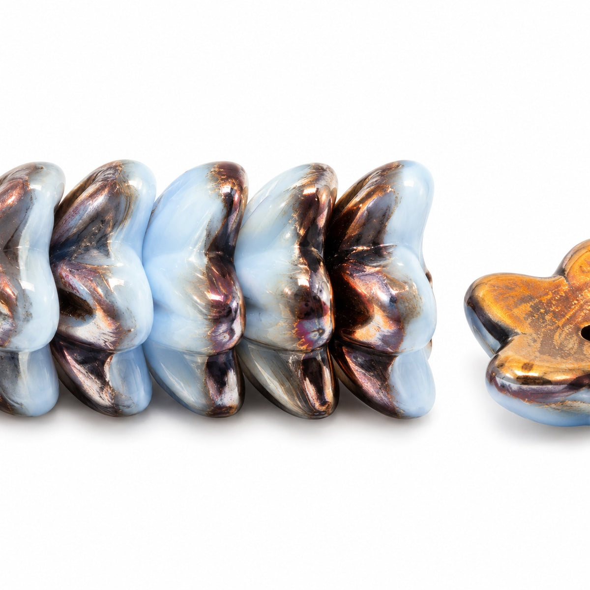 Flower Cup Beads, Opaque Light Blue Prismatic Phoenix (33010-27104), Glass, Czech Republic