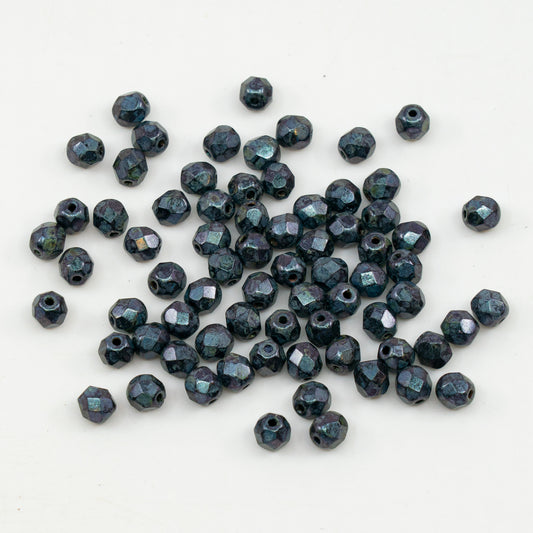 奥特莱斯 10克多面圆形火抛光珠，黑紫棕光泽斑点 (23980-65329)，玻璃，捷克共和国