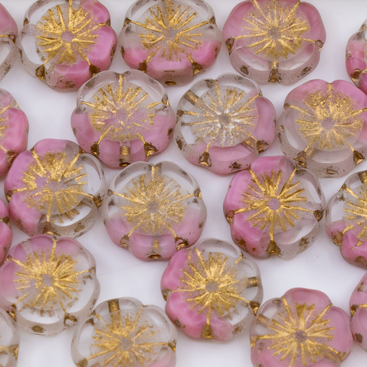 OUTLET 250g/50g Table Cut Hawaii Flower Beads, 14 x 14 mm, Pink Matte Gold Lined (R0742-84100-54302), Glass, Czech Republic