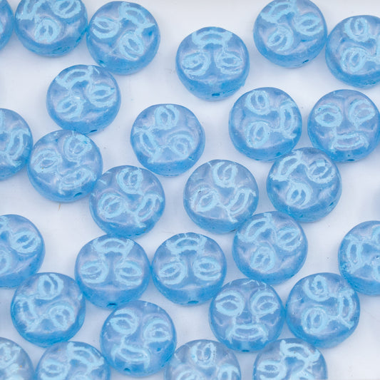 OUTLET 250g/50g Moon Face Pressed Beads, 9 x 9 mm, Transparent Light Amethyst Rainbow Iris Light Blue Lined (20210-21405-54308), Glass, Czech Republic