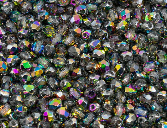 Faceted Fire Polished Pressed Czech Glass Beads, Crystal Vitrail Medium Double Sided 00030-28137