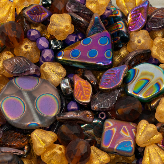 LIMITED Mix of Czech Glass Beads, Hand Made Set Kit, Crystal AB Table Cut Hawaii Green Leaves Glass Beads mix purple-gold