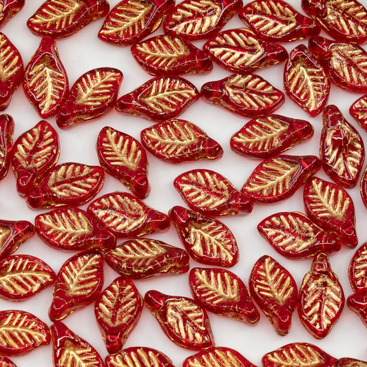 OUTLET 250g/50g Bay Leaf Beads, 6 x 12 mm, Ruby Red Gold Lined (90080-54302), Glass, Czech Republic