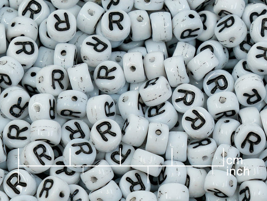 OUTLET 250g Pressed Czech Glass Letter Number Beads, 6 x 6 mm, (r), White Black Lined, Glass, Czech Republic